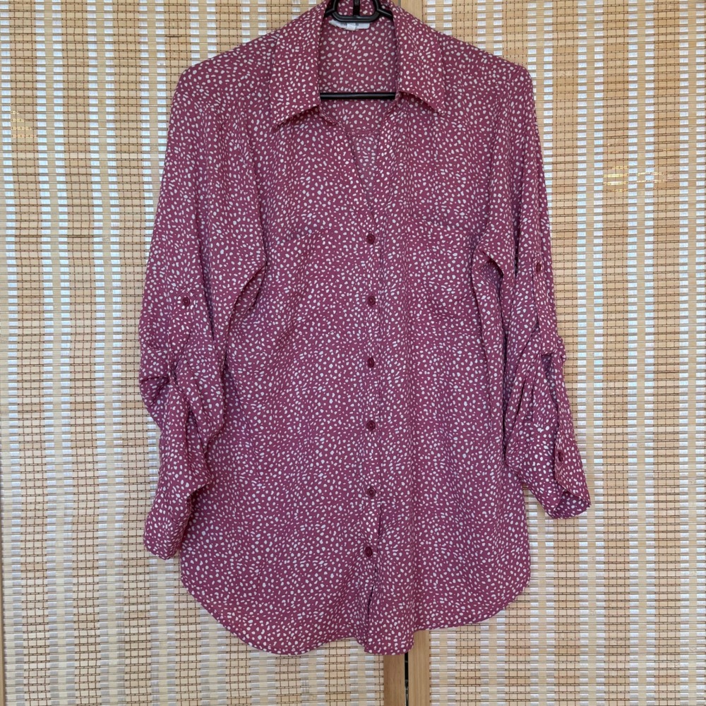 Maurices Womens Pink Abstract Dot Roll Tab Sleeve Button Down Blouse‎ M Office